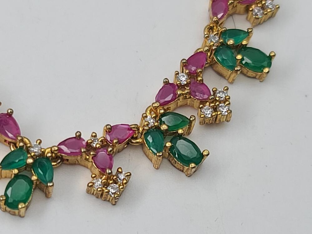 Vintage Artisan Emerald Ruby & CZ Cascade Gold Necklace & Earrings 16.5"